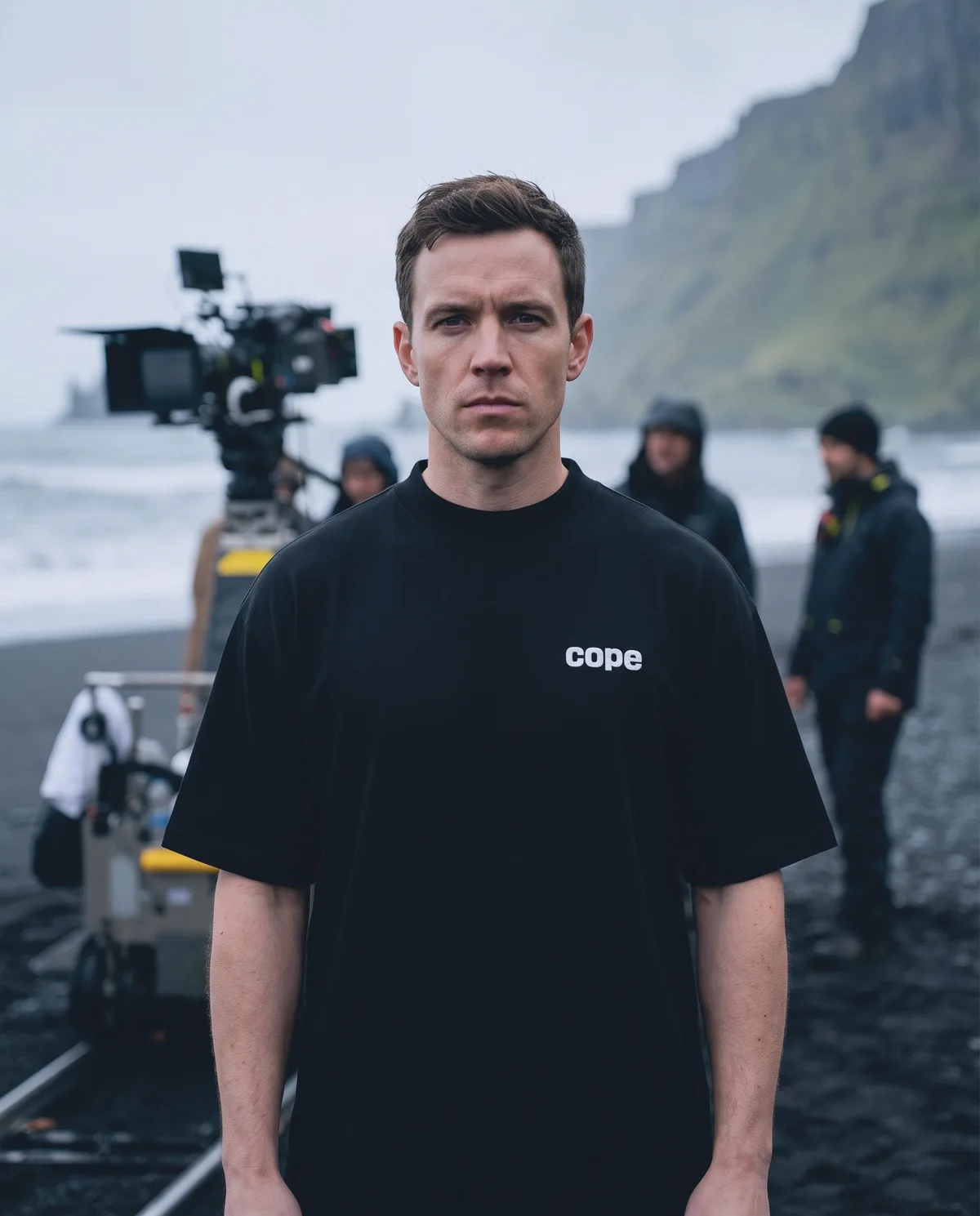 Crew member on a black sand beach film set wearing the cope logo oversized t-shirt in Black
