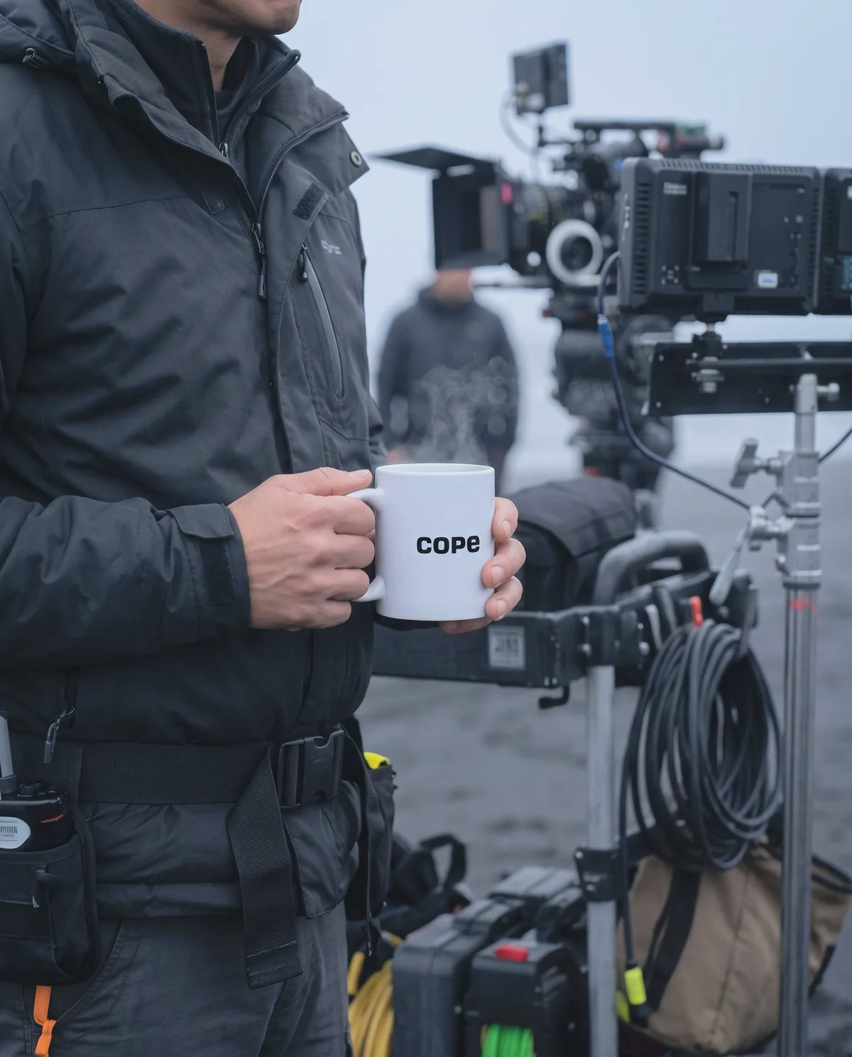 Crew member on a black sand beach film set holding the cope logo cup