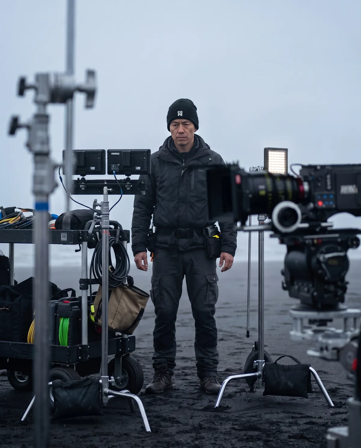Crew member on a black sand beach film set wearing the cope logo beanie
